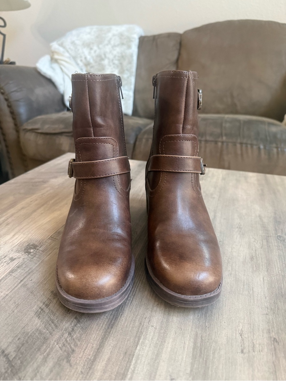Women’s Brown Leather Ankle Boots with Buckle Strap
